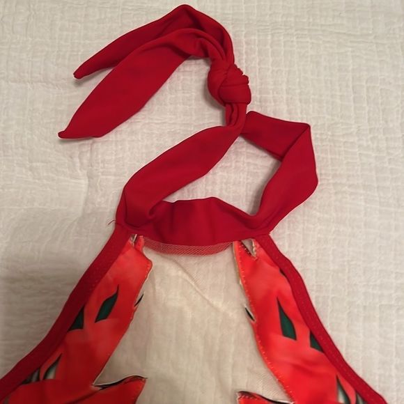 NWOT - Red Floral Halter Open Back One Piece Swimsuit - Picture 4 of 6